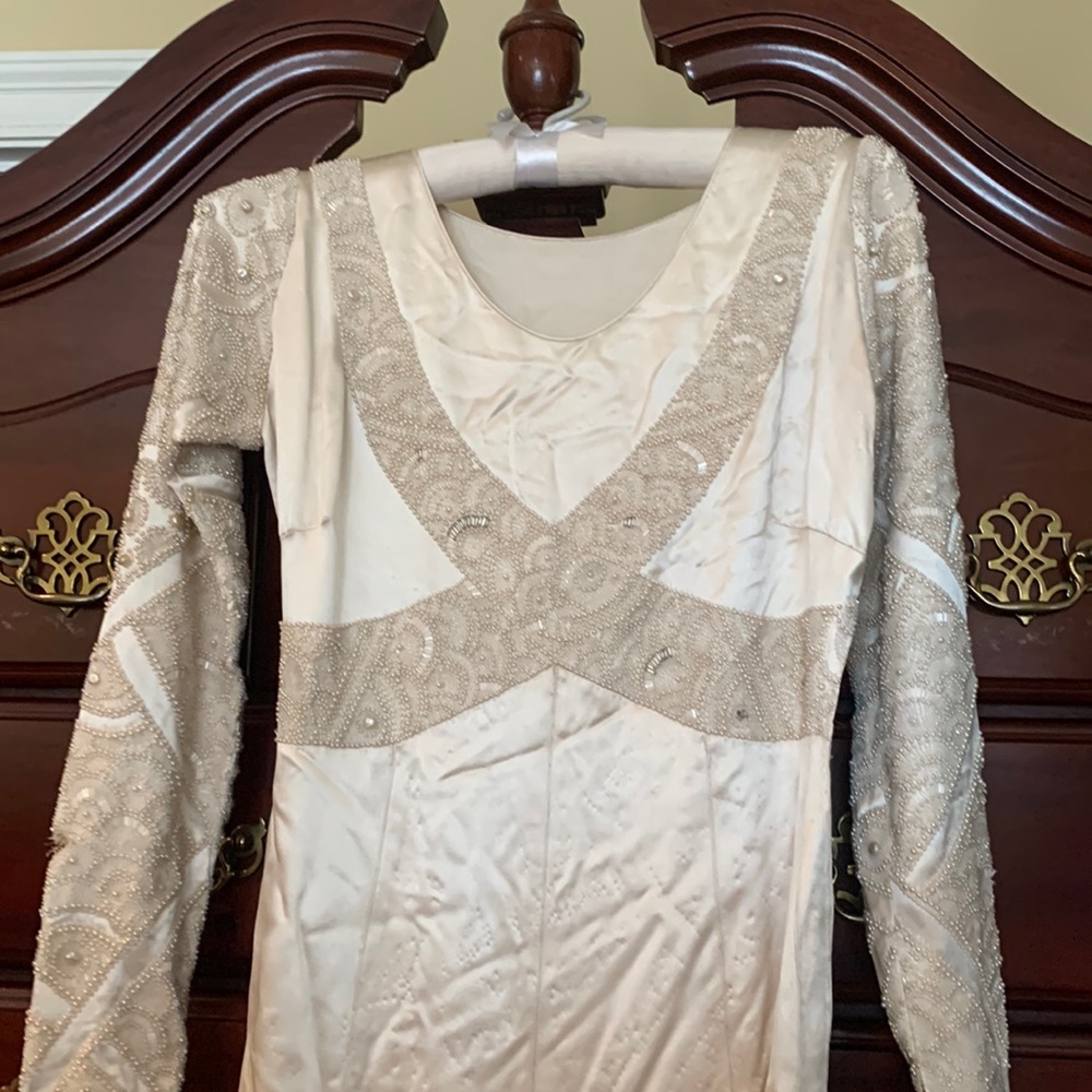 Vintage Norman Hartnell silk satin wedding dress and tulle veil